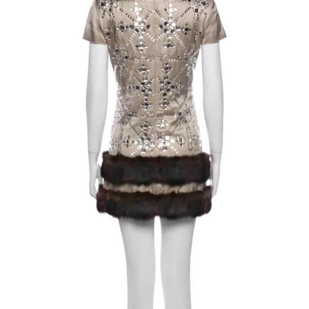 Moschino Couture Crystal Embellished Fur Trim Gold Zipper Dress USA 8 RHINESTONE - Picture 10 of 14